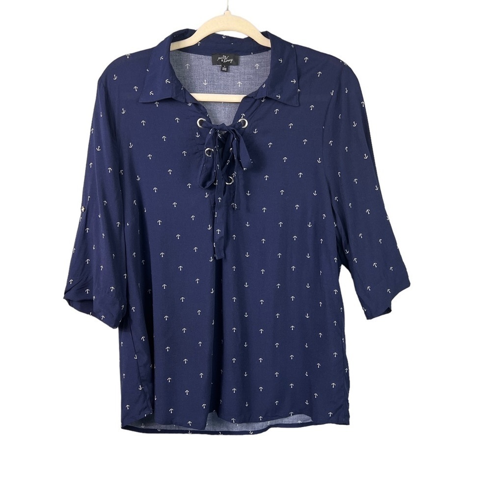Milk & Honey Women's Blouse Anchor Sailor Blue Short Sleeve Size Large